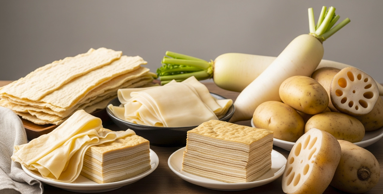 豆干、豆皮、百頁豆腐、白蘿蔔、馬鈴薯、蓮藕